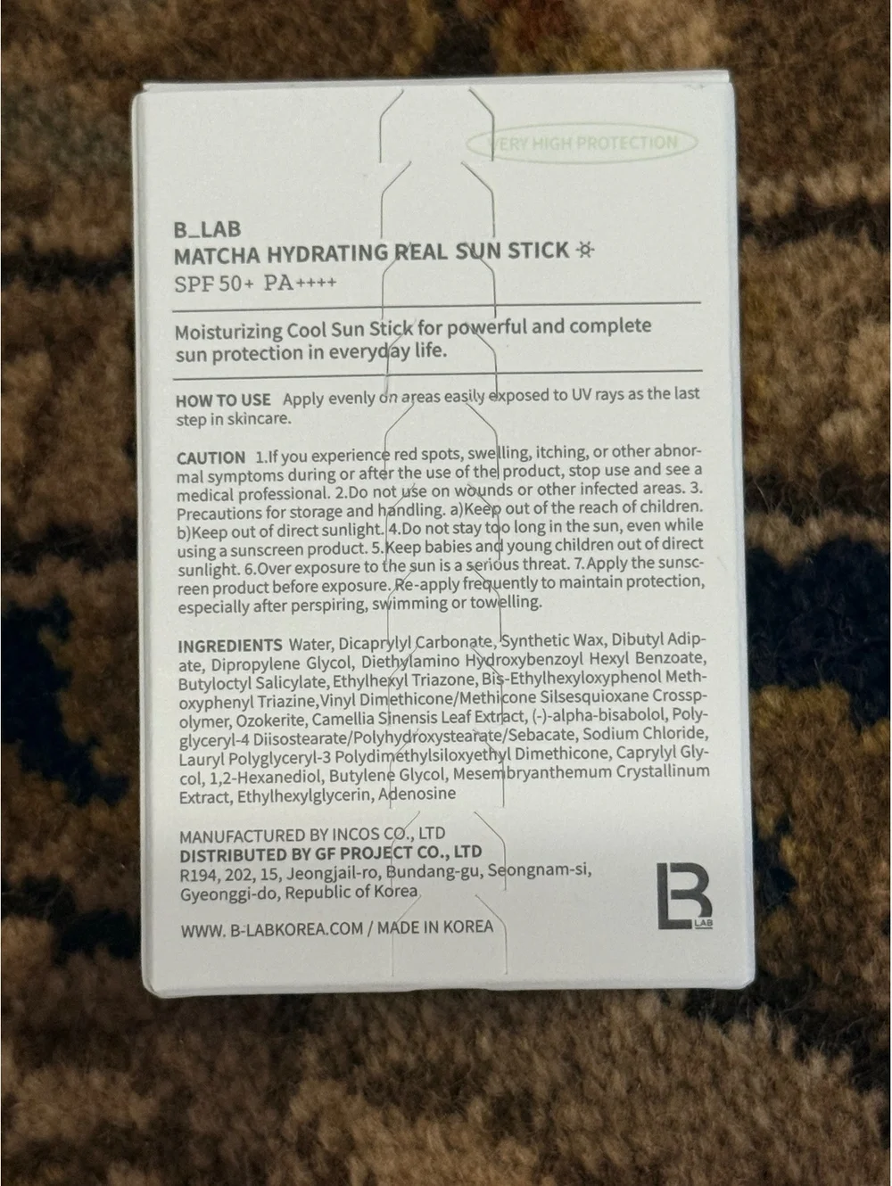 B.LAB Matcha Hydrating Real Sun Stick SPF 50+ PA++++